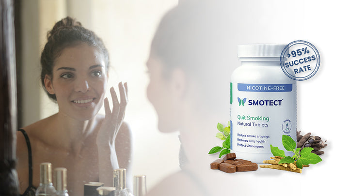 A happy Women Enjoying her radiant glowing skin and smotect tablets