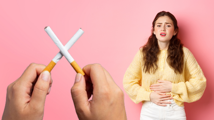 Quit Smoking sign and a women with PCOS disease hands on stomach 