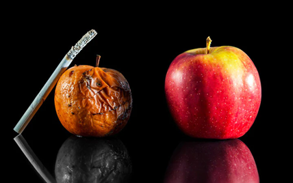 Fresh Vs Unhealthy Apple Demonstrating Bad Effects Of Smoking Cigarettes 